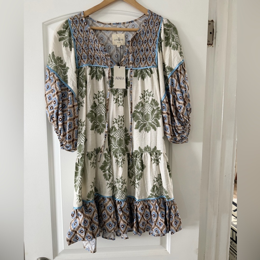 Umgee Multicolor Boho Dress with Blue and Green Patterns